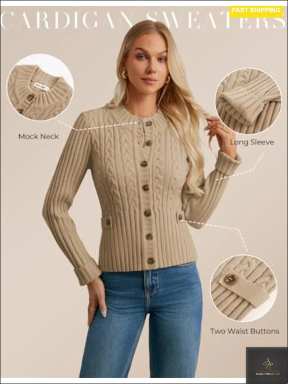 Button Up Cable Knit Cropped Cardigan Sweater Chunky Winter Cardigan